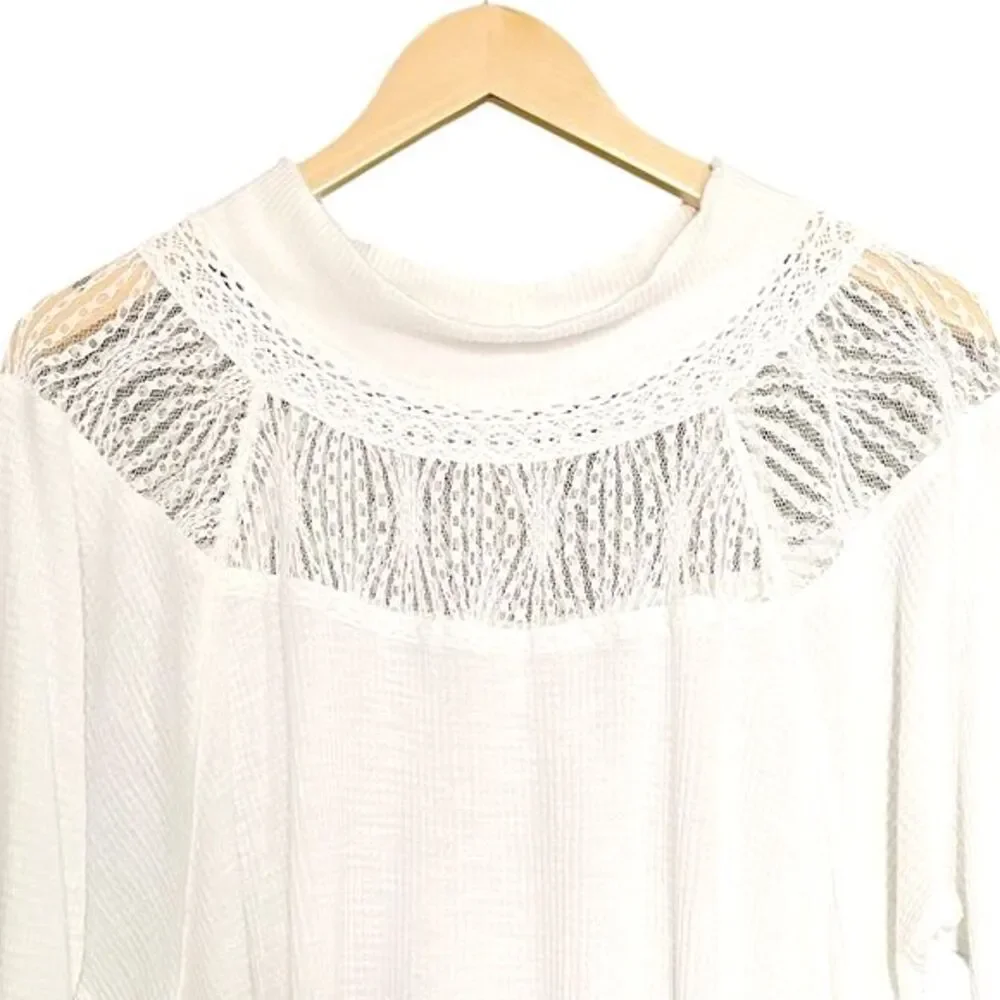 Free People Spring Valley Thermal Tee Lace Inset Oversized Raw Hem Size Small